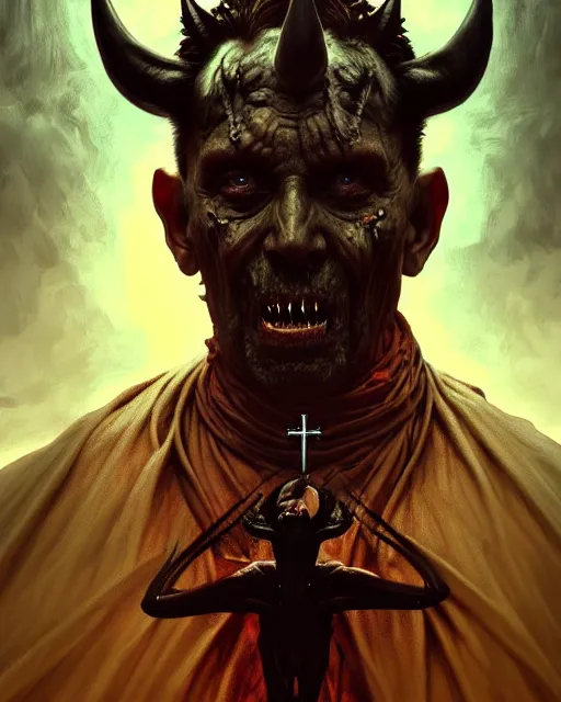 Image similar to realistic wide angle portrait of an evil bishop, dark magic, heroic pose, full body, dramatic lighting, dark and horror, dust and blood, intricate, wild, highly detailed, digital painting, artstation, concept art, smooth, sharp focus, illustration, art by artgerm and greg rutkowski and alphonse mucha, footage from space camera