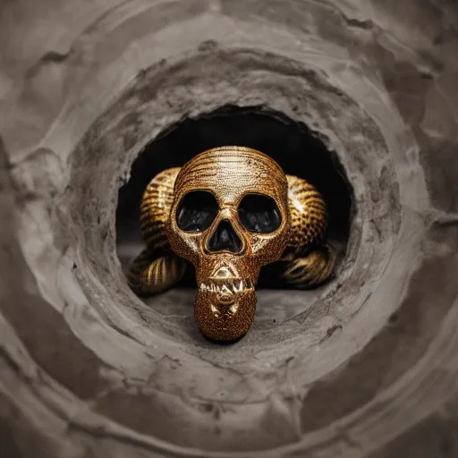 Prompt: metallic other-worldly skull with the body of an infinite coiled snake coming up from a hole in the floor, room interior, dark fantasy, XF IQ4, f/1.4, ISO 200, 1/160s, 8K, RAW, unedited, symmetrical balance, in-frame