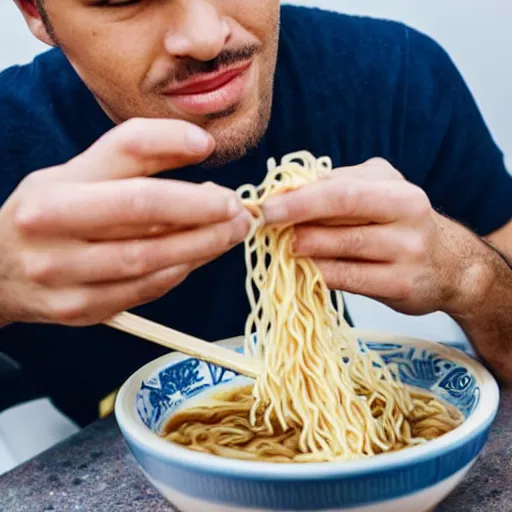 Prompt: a man eating noodles