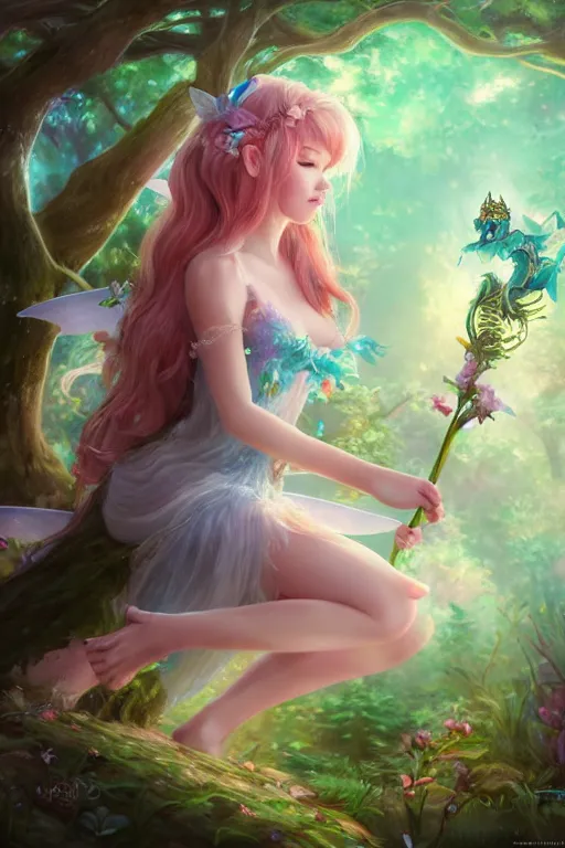 Image similar to a cute fairy in the dreamy forest, fantasy, 8 k resolution, hyper detailed, d & d, character design, digital painting, trending on artstation, sharp focus, illustration, art by artgerm, steve zheng, fuji choko, viktoria gavrilenko, hoang lap