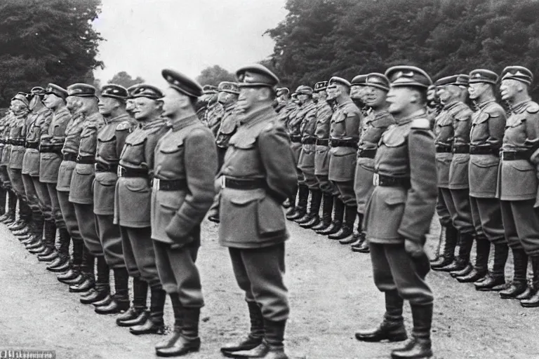 Prompt: ultra wide 1 9 4 6 historical far away photo the german generals surrendering to young queen elizabeth, her corgis are nearby highly detailed