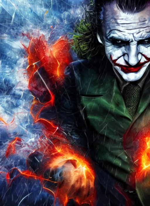 Prompt: Liam Neeson as the Joker, defeating Batman, realistic, digital art, 4k, cinematic lighting, explosion in the background