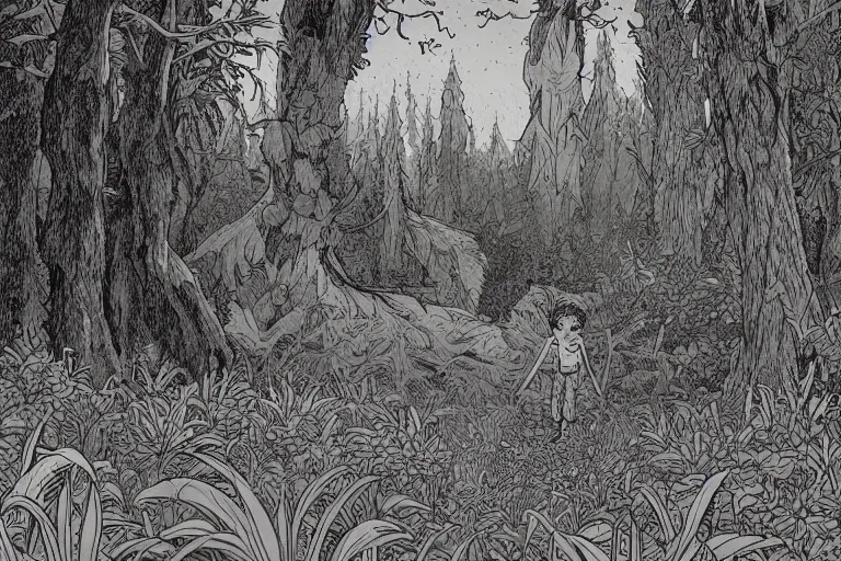 Prompt: a young boy entering a huge mysterious and fantasy forest with a bearlike huge monster in a distant clearing, large path, mushrooms, lush exotic vegetation, very graphic illustration by jean giraud and james jean, drawing, ultradetailed, clean line, colorful comics style, dynamic lighting, night