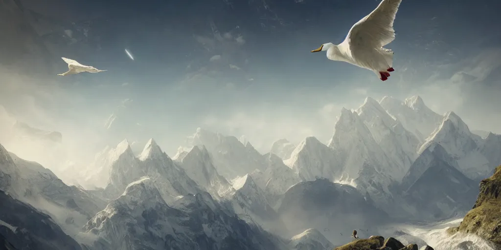 Prompt: Crowd surrounds giant white duck flying over mountains, huge feathery wings, mountain landscape, Himalayas, cozy wallpaper, 4k, high details, volumetric dynamic lighting, motion blur, blur, trending on Artstation, award-winning, art by Chris Moore, by Greg Rutkowski