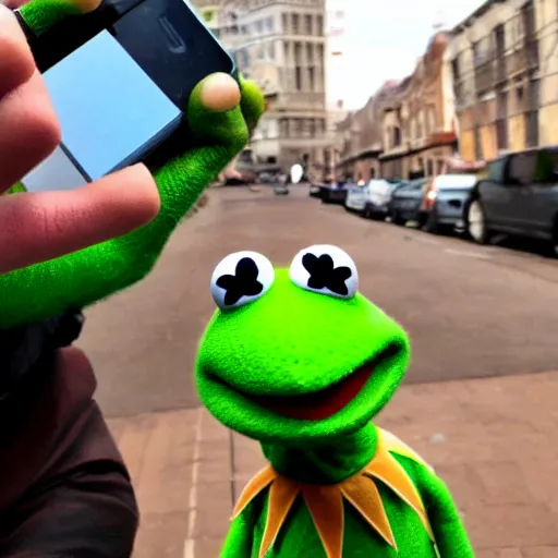 Image similar to kermit the frog accidentally takes a selfie while dropping his phone