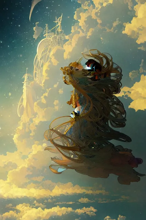 Image similar to a huge ship in the clouds high in the sky moonlight, ssci - fi and fantasy, intricate and very beautiful and elegant, highly detailed, digital painting, artstation, concept art, smooth and sharp focus, ( ( illustration, art by tian zi and wlop and alphonse mucha ) )