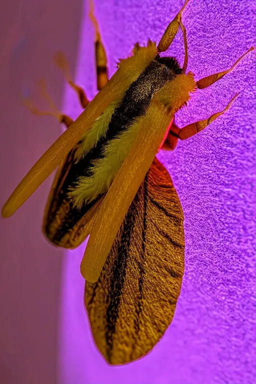 Image similar to high quality close-up photo translucent furry moth! jeweled gorgeous! highly detailed david ligare elson peter cinematic purple neon lighting high quality low angle hd 8k sharp shallow depth of field