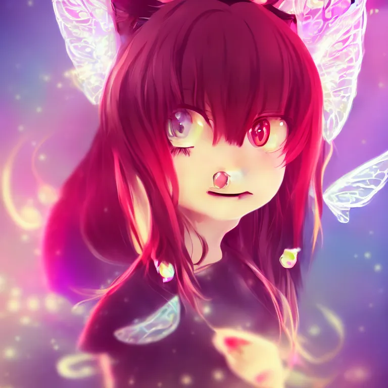 Image similar to cute, full body, female, anime style, a cat girl with fairy wings, large eyes, beautiful lighting, sharp focus, simple background, creative, heart effects, filters applied, illustration