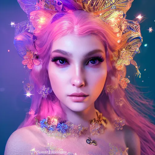 Prompt: portrait of fairy princess, beautiful, attractive, glowing, ornate and intricate, jaw dropping, dynamic lighting, colorful, fairy tale, intricate and detailed, 4 k octane render, age 2 0