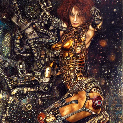 Image similar to cybernetic female supersoldier armed with laser rifle battling demon, intricate detail, klimt, royo, whealan,