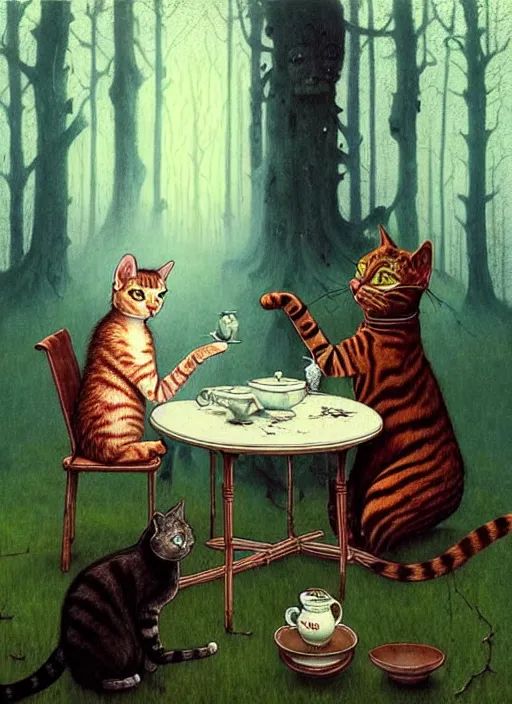 Image similar to cat having tea with a witch in the woods gorgeous lighting, lush forest foliage blue sky a hyper realistic painting by chiara bautista and beksinski and norman rockwell and greg rutkowski weta studio, and lucasfilm