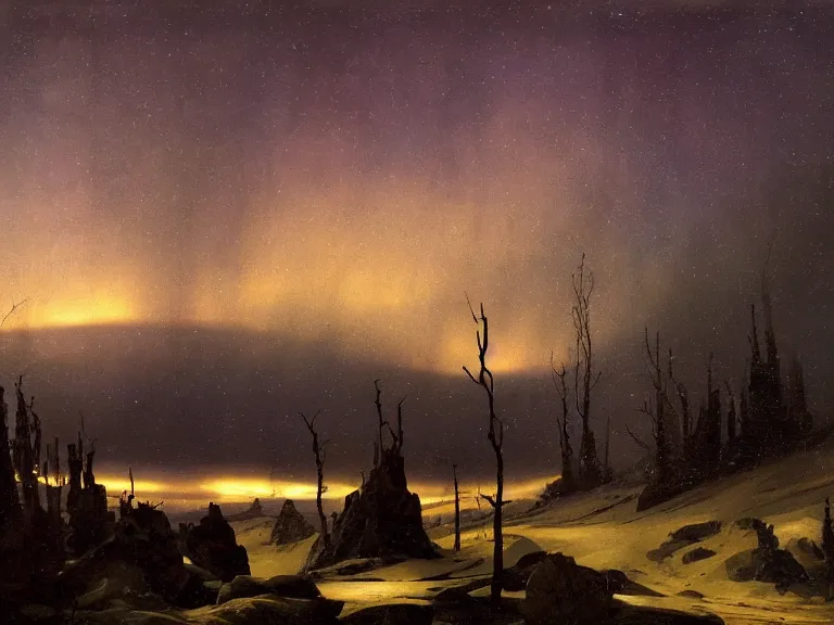 Prompt: an oil painting of a tundra on an alien planet at dusk with aurora lighting up the sky by carl spitzweg and tuomas korpi. baroque elements, full-length view. baroque element. intricate artwork by caravaggio. Trending on artstation. 8k