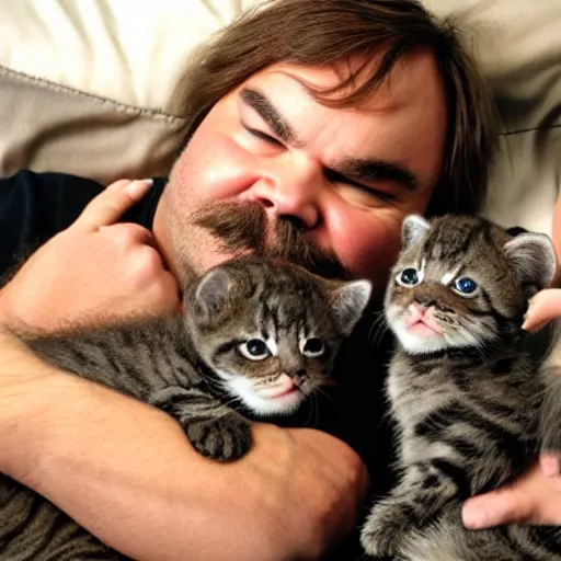 Image similar to jack black cuddling with kittens, hd