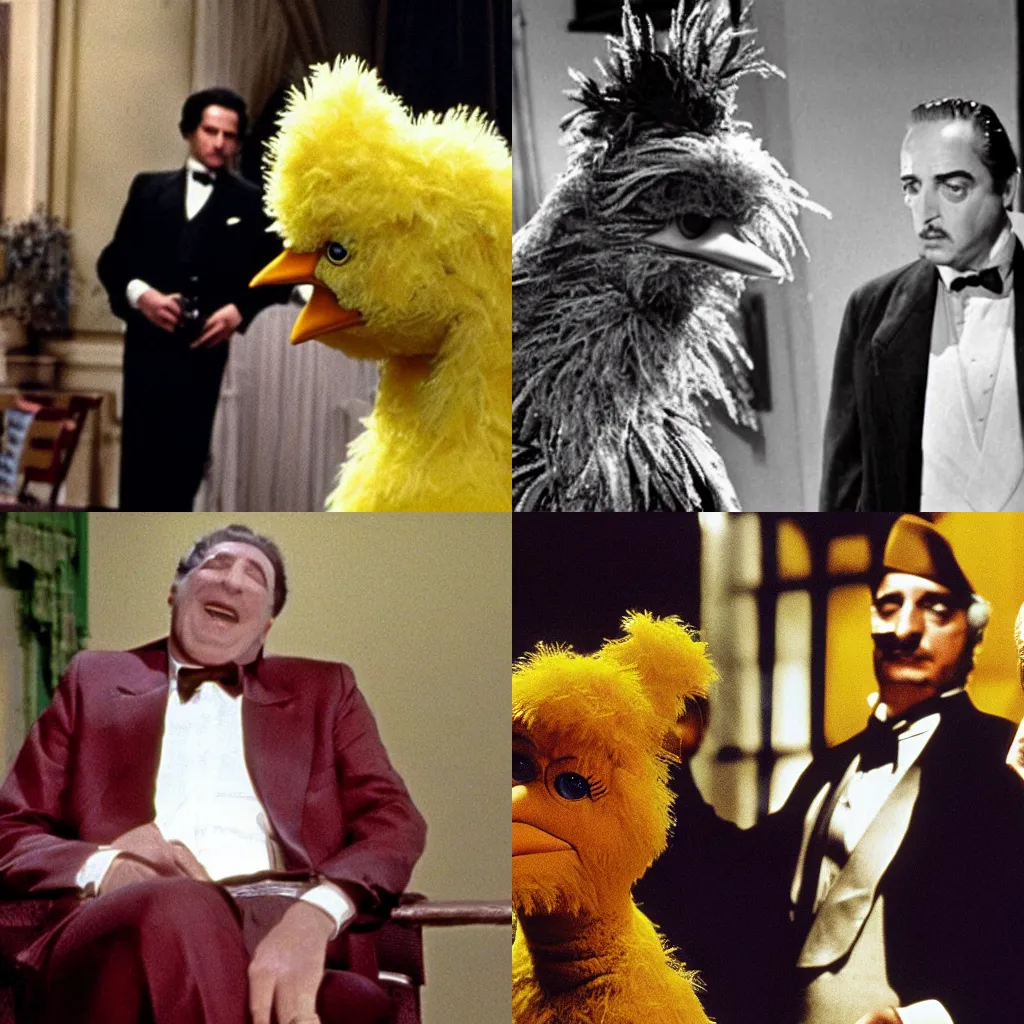 Prompt: still of big bird in the godfather