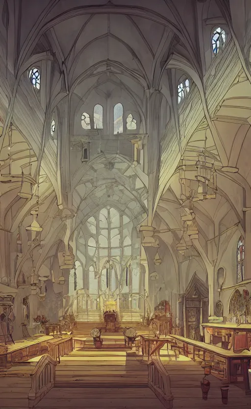 Image similar to a renaissance church hall, crystal lights, mysterious atmosphere, cel - shading, cinematic, artstation, studio ghibli, miyazaki, highly details