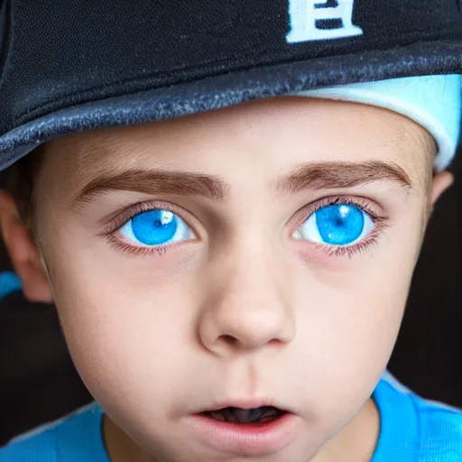 Prompt: detailed portrait of a boy with light blue eyeswearing a black cap, realistic and detailed eyes, intricate photo, incredibly highly detailed and realistic, 8 k, sharp focus