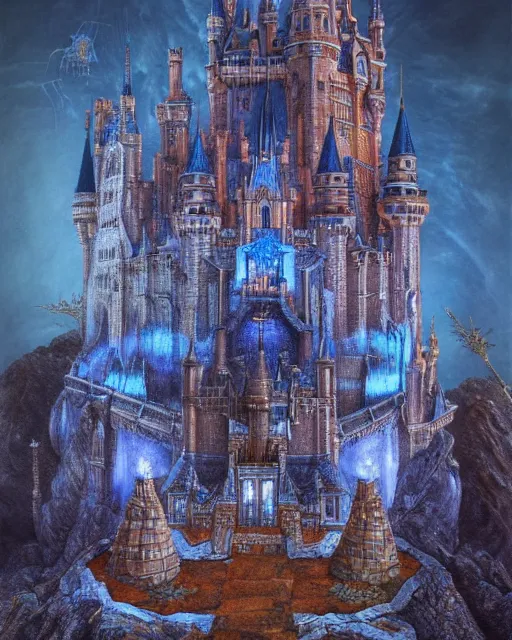 Image similar to beautiful concept art of a high fantasy castle by alan lee made of diamond filled with copper veins, blue translucent resin, bioluminescent, ultra realistic, ultra detailed, masterpiece by mc escher and hr giger, 8 k octane render, ambient diffusion, subsurface scattering, trending on artstation, cgstudio