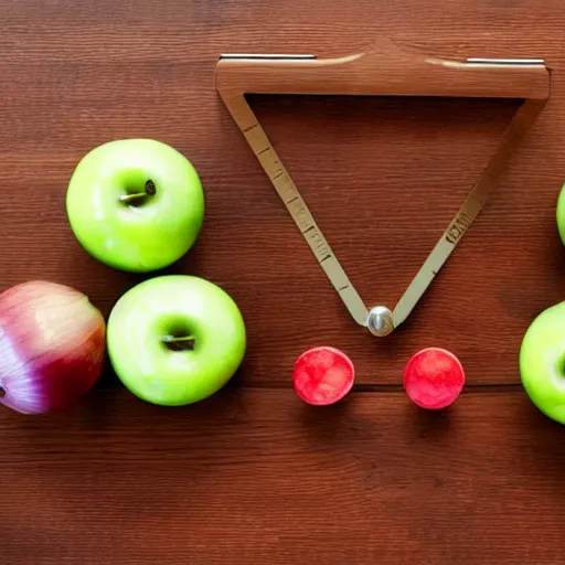 Image similar to set of balance scales with one apple in one side and one onion in the other