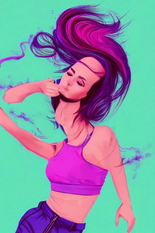 Image similar to a award winning half body porttrait of a beautiful woman in a croptop and cargo pants with ombre purple pink teal hairstyle with head in motion and hair flying, outrun, vaporware, shaded flat illustration, digital art, trending on artstation, highly detailed, fine detail, intricate