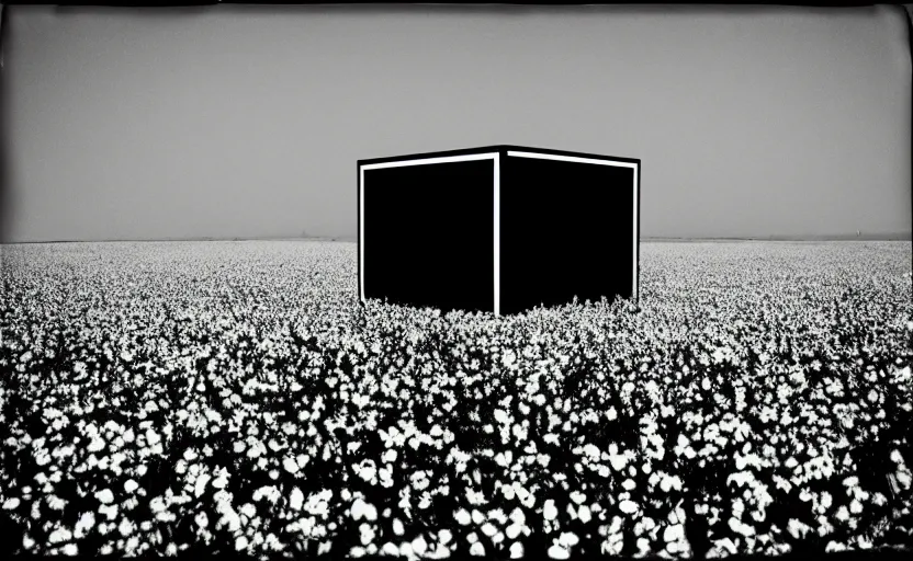 Prompt: black box on the field flowers, by Helmut Newton, mist, lomography photo effect, monochrome, 35 mm