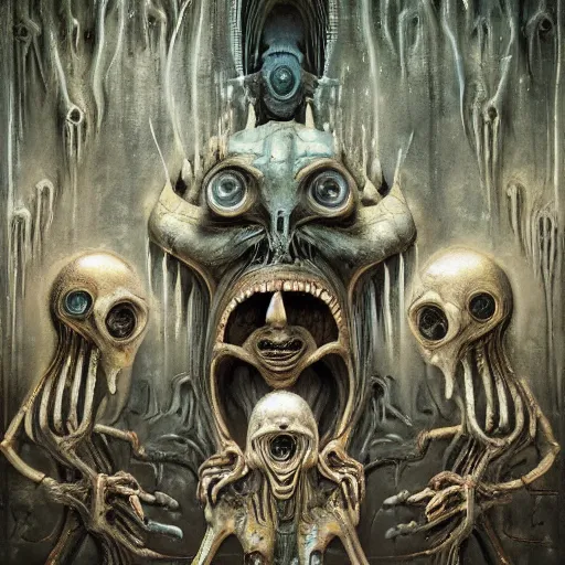 Image similar to painting of an alien family, intercrossed humans, mixed animal, in a mayen temple, by giger, zdzislaw beksinski, frank frazette, cold hue's, amazing colorful background, digital art, concept art, animal painting, trending on art station, beautiful composition 3 - d 4 k,