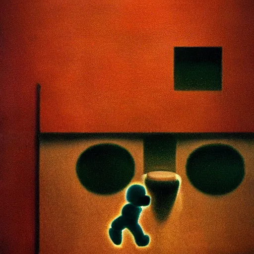 Prompt: 35mm pentax k1000 photograph grainy abstract experimental expired film photo of real human Video Game Character Super Mario, bored and angry sitting on a toilet, in 1960s New York, by zdzislaw beksinski