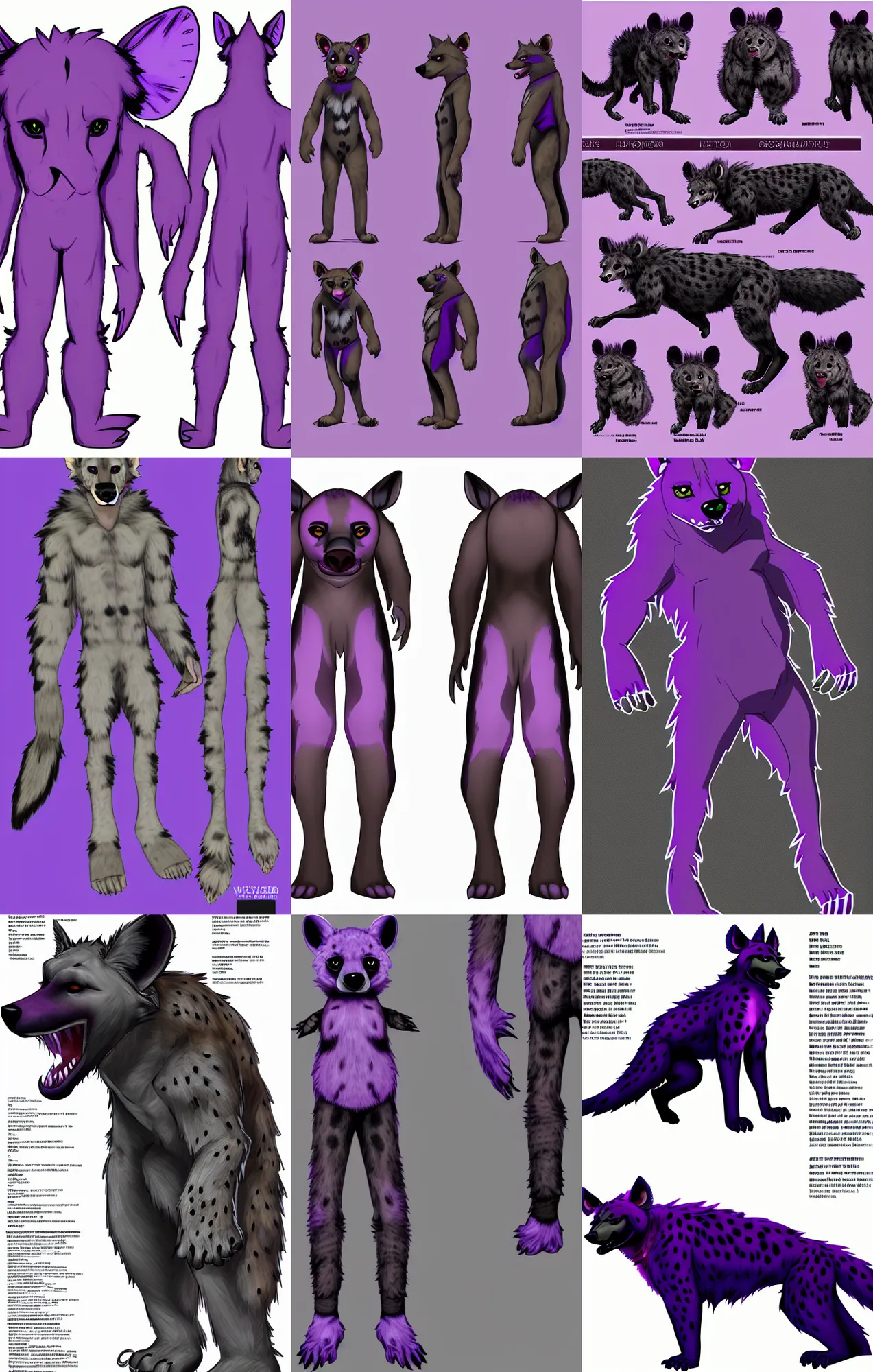 Prompt: a full - body centered front - perspective furry reference sheet, a male hyena fursona, purple and black color scheme, trending on weasyl, high - resolution, photorealistic