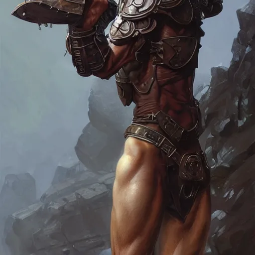 Prompt: rugged ranger’s thighs, handsome, lower body, cropped armor, muscular, bare torso, closeup, D&D, fantasy, intricate, elegant, highly detailed, digital painting, artstation, concept art, matte, sharp focus, illustration, art by Artgerm and Greg Rutkowski and Alphonse Mucha