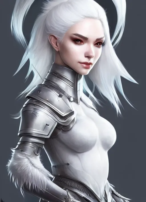 Image similar to fur - lined armor!!! beautiful and elegant white haired female!! gorgeous ayes!! character concept art, sharp focus, octane render! unreal engine 5! highly rendered!! trending on artstation!! detailed linework!! illustration by artgerm