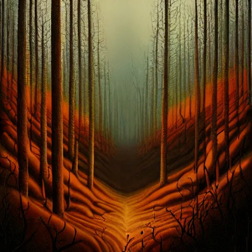 Image similar to a painting of a fire in a forest, a matte painting by Jeffrey Smith, deviantart, fantasy art, apocalypse landscape, apocalypse art, airbrush art