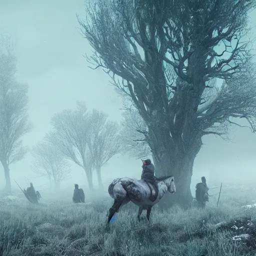 Image similar to the wild hunt, wraiths riding in the sky, mythical creatures in undead nightmare, bad omen, enchanted forest, blizzard storm, fog, full moon, snowy environment, in the style of the witcher series, hyperrealism, atmospheric, cinematic, disturbing, breathtaking, award winning, groundbreaking, octane render, unreal 5, intricate digital art, sharp focus, 8 k