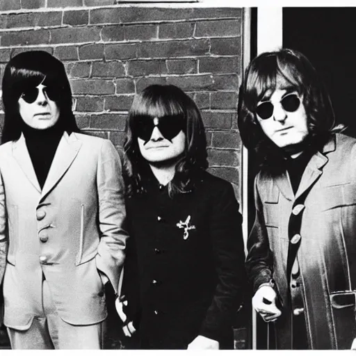 Image similar to Ozzy Osbourne in the Beatles, young Ozzy next to John Lennon and Ringo Star, 1967