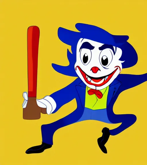 Prompt: joker and hammer, yellow background, disney animation