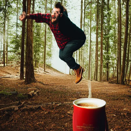 Prompt: photograph of 25 year old slightly overweight white man with glasses and brown beard wearing a red plaid shirt diving into a gigantic coffee mug, forest background, DSLR Photography