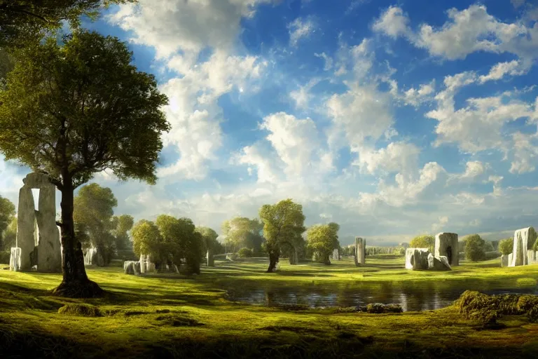 Prompt: White monolithic henge surging with turquoise magic at the bottom of green hills surrounded by a moat, clear blue skies in the background, by Thomas Kincade, Richard Sigamani, 8k photorealistic, cinematic lighting, HD, high details, concept art, trending on artstation