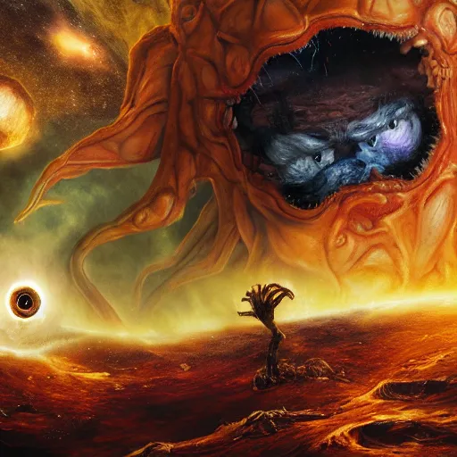 Prompt: one eldritch horror bloody garfield in space, galaxy, hd, 8 k, giant, epic, realistic photo, unreal engine, stars, prophecy, powerful, cinematic lighting, destroyed planet, debris, violent, sinister, ray tracing, dynamic, print, epic composition, dark, horrific, teeth, grotesque, scary, black ink drawing