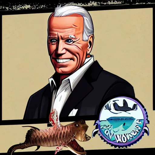 Image similar to joe biden sharkman, animal transformation, lovecraftian sea creature, caricature, gta 5 portrait