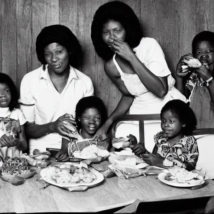 Image similar to vintage realistic photo of an African American family in 1979 with two daughters and a son eating chicken, mash potatoes, and rolls for dinner. While “good times” plays on the tv in the background