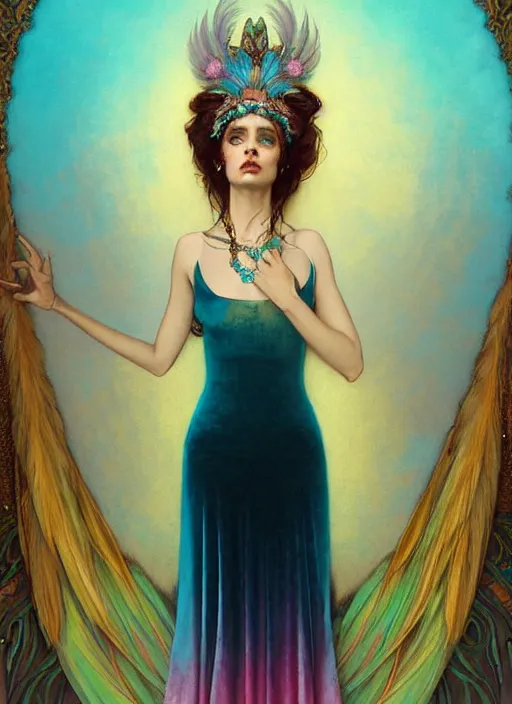 Image similar to ombre velvet gown, cyan, feathers, lovely bohemian princess, portrait, long white hair, tiara, dozens of jeweled necklaces, feral languid woman, by greg rutkowski, brom, anato finnstark, alphonse mucha