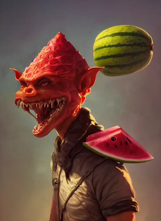 Prompt: hyper realistic photography portrait of smiling goblin with a watermelon helmet cinematic, greg rutkowski, brom, james gurney, mignola, craig mullins, artstation, cgsociety