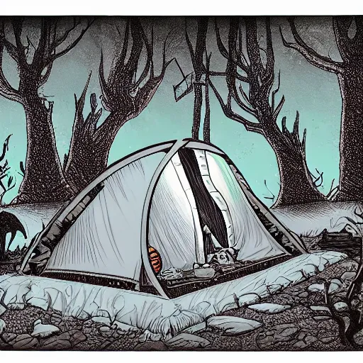 Prompt: a tent by the river in the deep, remote woods by tim doyle and chris leib, from nightmare before christmas | detailed | elegant | trending on artstation