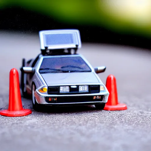 Prompt: tiny Delorean on the road, macro photo