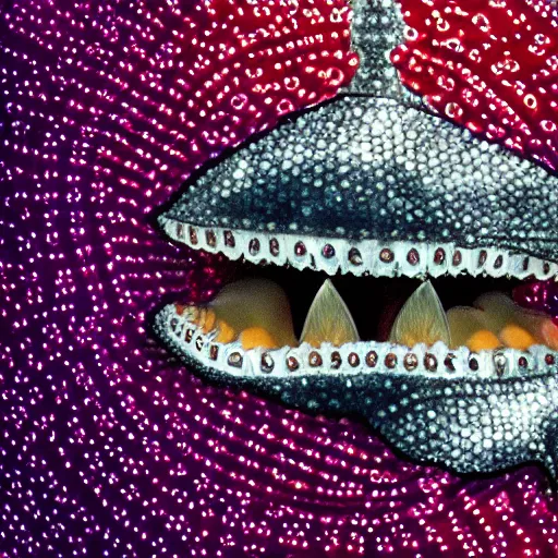 Image similar to A diamond encrusted killer anglerfish with jeweled teeth, the mouth is wide open, inside the mouth is a vegas casino, the fish is dangling a dollar sign in front of it