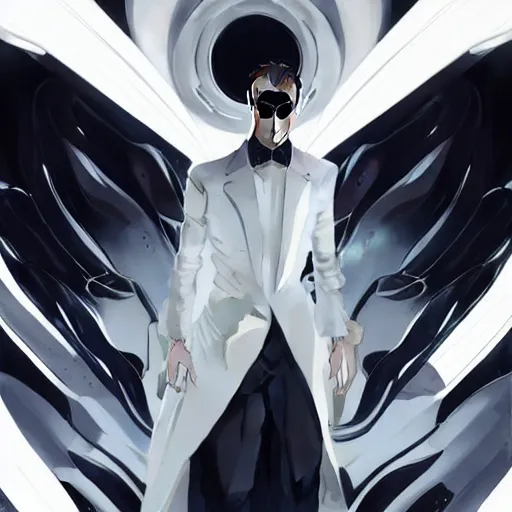 Image similar to full body portrait of a male character in sleek clothes, in a futuristic flowing white tailcoat, wearing a white insectoid mask with five round lenses for eyes, many eyes, dramatic lighting, illustration by Greg rutkowski, yoji shinkawa, 4k, digital art, concept art, trending on artstation