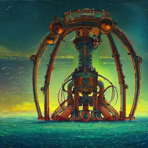 Prompt: beautiful painting of a giant mechanical theatre under the ocean in the style of Simon Stålenhag and H. R. Giger