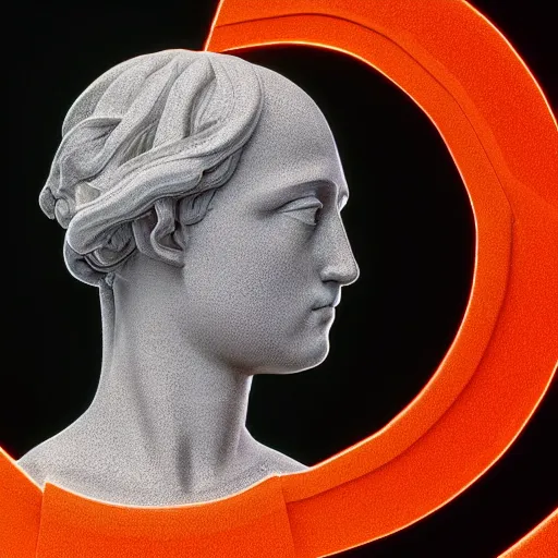 Image similar to a 3 d neon circle surrounding the head of a renaissance statue, black background, ray tracing, 8 k resolution, sharp focus, hyper detailed, hyper realistic