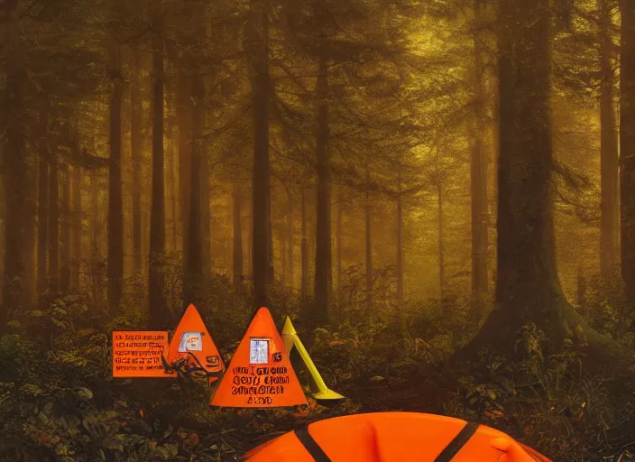 Image similar to a few orange safety cones in a beautiful strange forest, a black hair beast stands in the center distance, cinematic painting by james jean, atomspheric lighting, moody lighting, dappled light, detailed, digital art, limited color palette, wes anderson, 2 4 mm lens, surreal