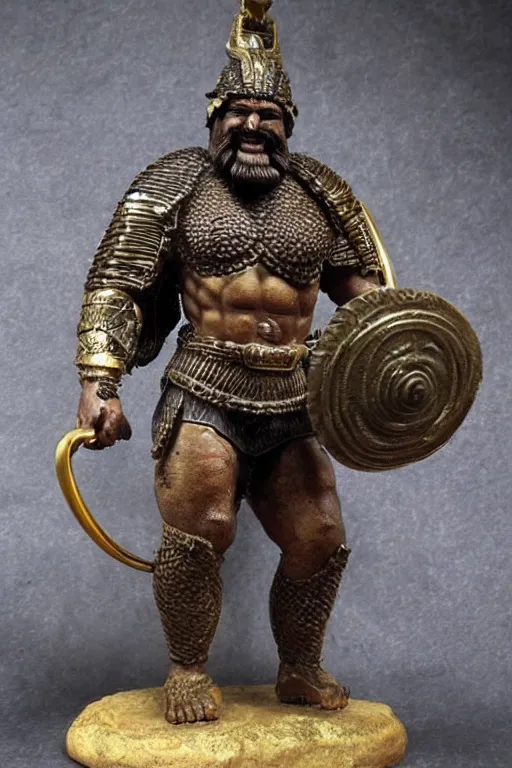 Prompt: ancient Mesopotamian warrior, thick braided beard with golden rings, intricate bronze armour, very muscly, dark skin, strongman, big smile. in the style of Frank Frazetta.