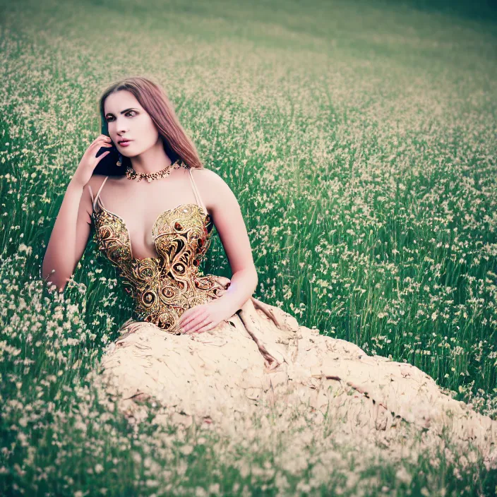 Prompt: portrait photo of an extremely beautiful woman in ornate gown sitting in an endless meadow. extremely detailed. dslr. 8 5 mm.