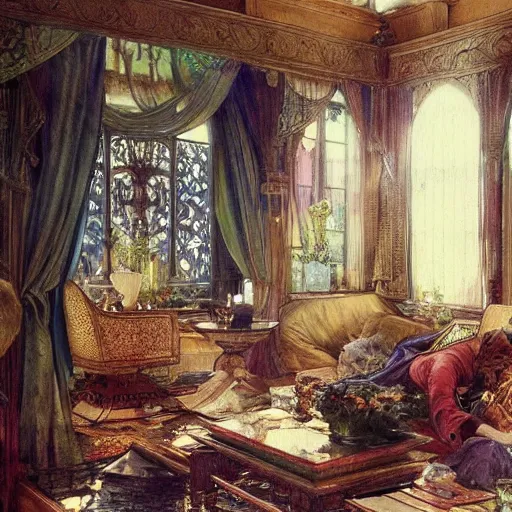 Image similar to a beautifull intricate watercolour painting of a living room, reflexions, verry high details by william turner art, greg rutkowski and alphonse mucha, trending on artstation, very very detailed, masterpiece, muted colors